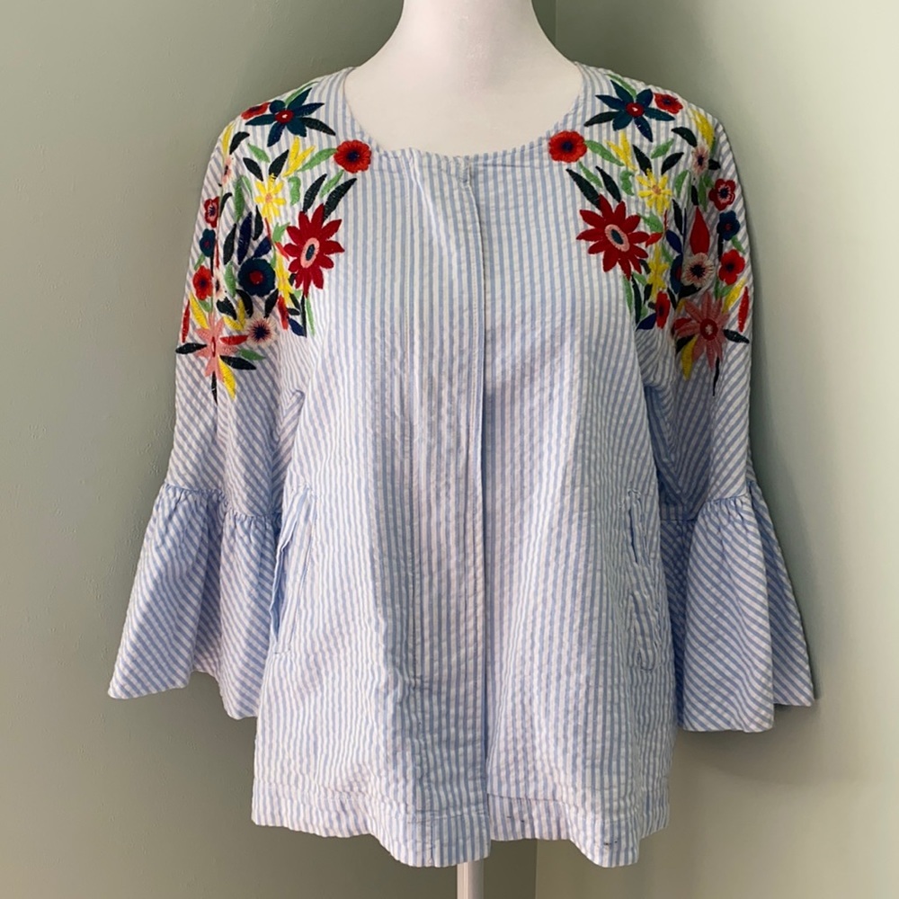 Luii Anthropologie Embroidered Seersucker Jacket